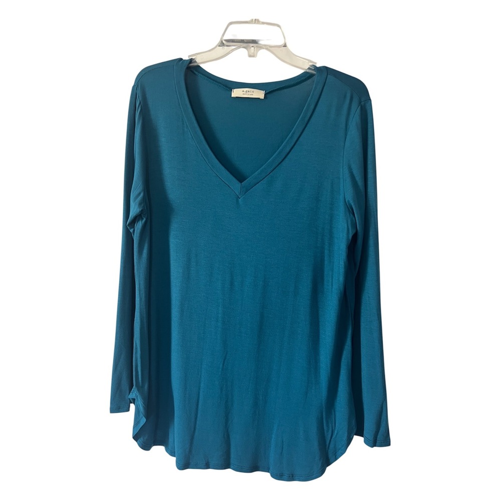 A.gain Womens Teal Blue V-Neck Long Sleeve Curved Hem T-Shirt Top Made in USA